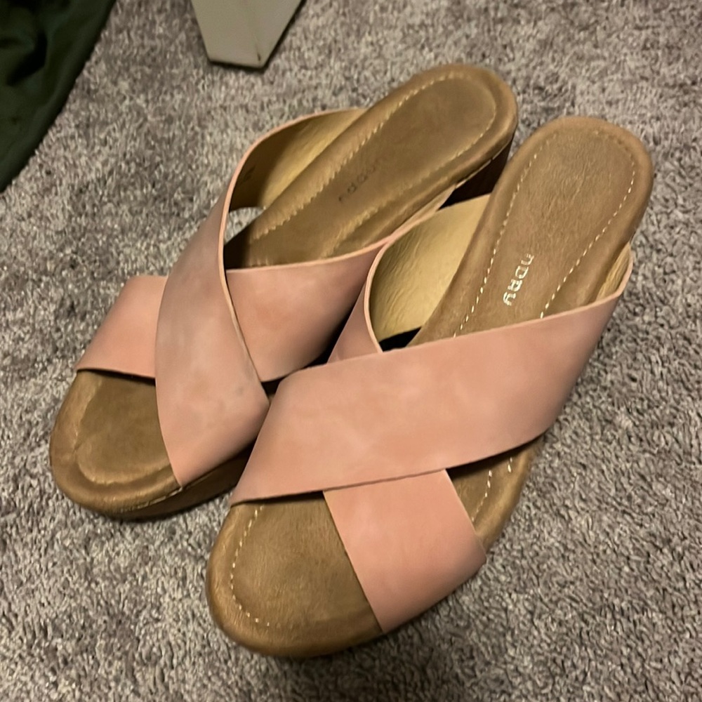 Wedge Heel Sandals with Pink Crossed Straps - Size 9